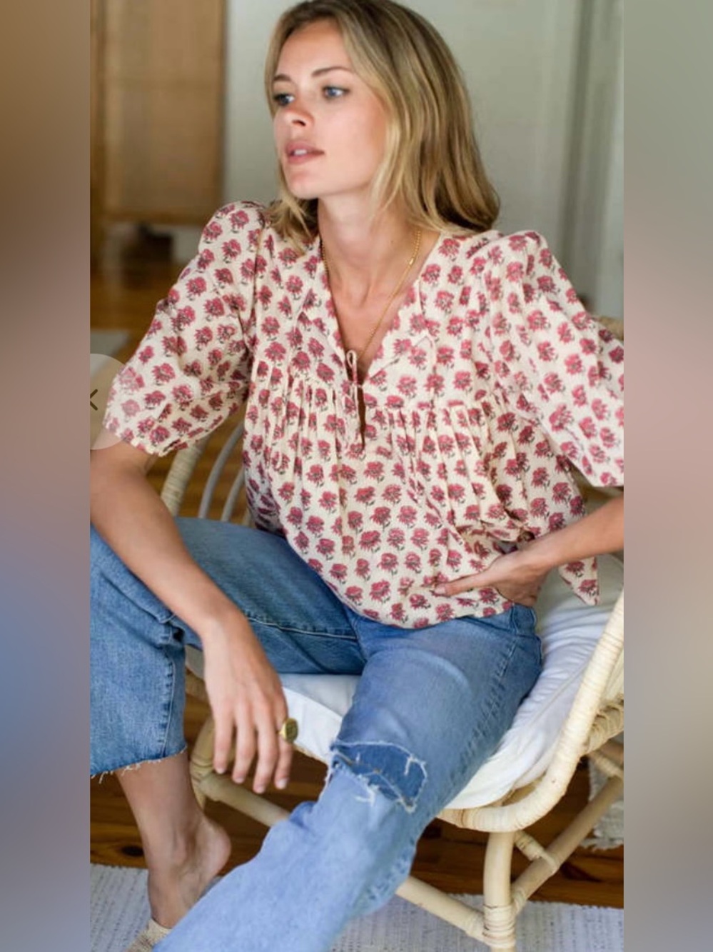 Emerson Fry Tuckernuck Alma Cream Blouse with Pink Floral Print
